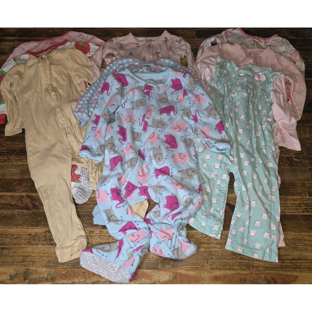 Baby Girl Bundle Sz 18 mo Soft Footed Zip Up One Piece Sleepers Pajamas Lot Of 9